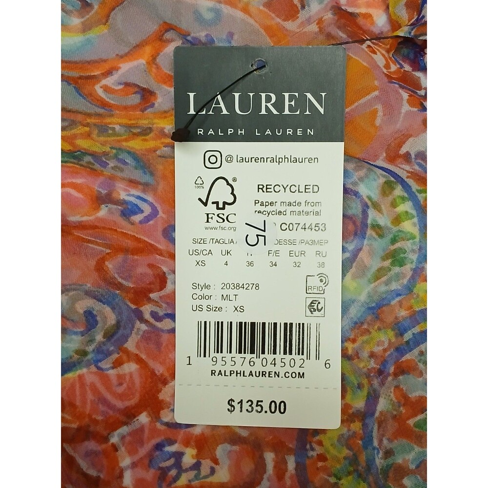 Lauren Ralph Lauren Cover-up Sz XS Midi Caftan Sheer Paisley Floral Multi $135 - Picture 15 of 16